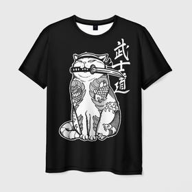 Мужская футболка 3D с принтом Кот самурай   вакидзаси в зубах в Екатеринбурге, 100% полиэфир | прямой крой, круглый вырез горловины, длина до линии бедер | Тематика изображения на принте: 