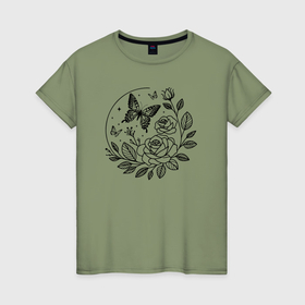 Женская футболка хлопок с принтом Бабочка на розах графика в Санкт-Петербурге, 100% хлопок | прямой крой, круглый вырез горловины, длина до линии бедер, слегка спущенное плечо | 