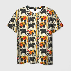 Мужская футболка 3D с принтом Африканские узор слон в Тюмени, 100% полиэфир | прямой крой, круглый вырез горловины, длина до линии бедер | 