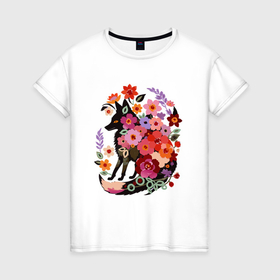 Женская футболка хлопок с принтом Лиса цветочный силуэт в Санкт-Петербурге, 100% хлопок | прямой крой, круглый вырез горловины, длина до линии бедер, слегка спущенное плечо | 