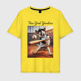 Мужская футболка хлопок Oversize с принтом Bull terrier   batter New York Yankees , 100% хлопок | свободный крой, круглый ворот, “спинка” длиннее передней части | Тематика изображения на принте: 