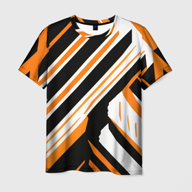 Мужская футболка 3D с принтом Чёрно оранжевые полосы на белом фоне в Тюмени, 100% полиэфир | прямой крой, круглый вырез горловины, длина до линии бедер | Тематика изображения на принте: 