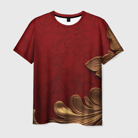 Мужская футболка 3D с принтом Объемный золотой лист на красном текстурном  фоне в Кировске, 100% полиэфир | прямой крой, круглый вырез горловины, длина до линии бедер | 