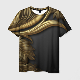 Мужская футболка 3D с принтом Золотые  объемные  листья на черном в Кировске, 100% полиэфир | прямой крой, круглый вырез горловины, длина до линии бедер | 