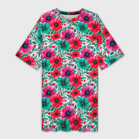 Платье-футболка 3D с принтом Анемоны цветы яркий принт в Кировске,  |  | 