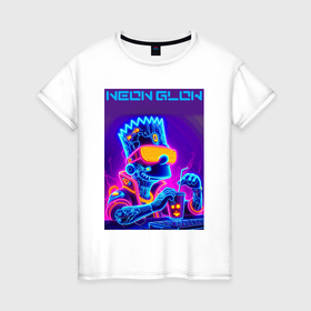 Женская футболка хлопок с принтом Bart Simpson   neon fantasy ai art в Белгороде, 100% хлопок | прямой крой, круглый вырез горловины, длина до линии бедер, слегка спущенное плечо | 