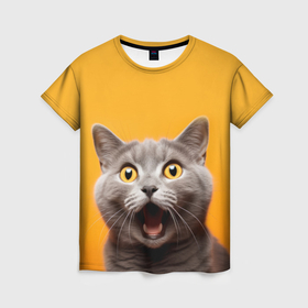 Женская футболка 3D с принтом Удивленный кот в Курске, 100% полиэфир ( синтетическое хлопкоподобное полотно) | прямой крой, круглый вырез горловины, длина до линии бедер | Тематика изображения на принте: 