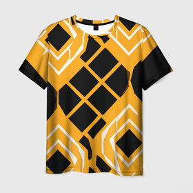 Мужская футболка 3D с принтом Чёрные квадраты и белые полосы на оранжевом фоне в Санкт-Петербурге, 100% полиэфир | прямой крой, круглый вырез горловины, длина до линии бедер | Тематика изображения на принте: 