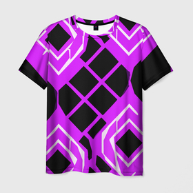 Мужская футболка 3D с принтом Чёрные квадраты и белые полосы на фиолетовом фоне в Санкт-Петербурге, 100% полиэфир | прямой крой, круглый вырез горловины, длина до линии бедер | Тематика изображения на принте: 