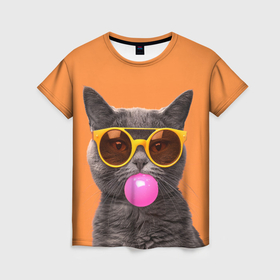 Женская футболка 3D с принтом Кот в очках с жвачкой в Санкт-Петербурге, 100% полиэфир ( синтетическое хлопкоподобное полотно) | прямой крой, круглый вырез горловины, длина до линии бедер | 