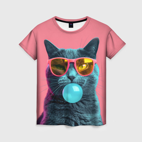 Женская футболка 3D с принтом Кот надувает жвачку в Санкт-Петербурге, 100% полиэфир ( синтетическое хлопкоподобное полотно) | прямой крой, круглый вырез горловины, длина до линии бедер | 