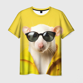 Мужская футболка 3D с принтом Ля какая модная крыса на желтом в Новосибирске, 100% полиэфир | прямой крой, круглый вырез горловины, длина до линии бедер | 