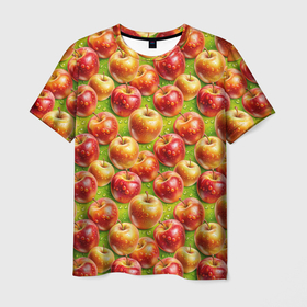 Мужская футболка 3D с принтом Вкусные  яблоки паттерн в Санкт-Петербурге, 100% полиэфир | прямой крой, круглый вырез горловины, длина до линии бедер | 