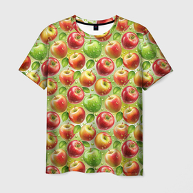 Мужская футболка 3D с принтом Натуральные  яблоки паттерн в Санкт-Петербурге, 100% полиэфир | прямой крой, круглый вырез горловины, длина до линии бедер | 