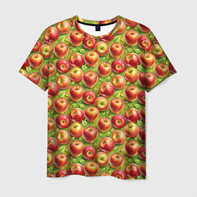 Мужская футболка 3D с принтом Румяные яблоки паттерн в Екатеринбурге, 100% полиэфир | прямой крой, круглый вырез горловины, длина до линии бедер | 