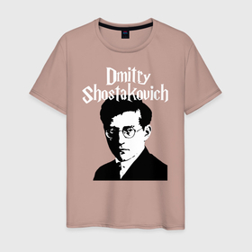 Мужская футболка хлопок с принтом Дмитрий Шостакович с портретом в Тюмени, 100% хлопок | прямой крой, круглый вырез горловины, длина до линии бедер, слегка спущенное плечо. | 