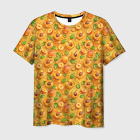 Мужская футболка 3D с принтом Сочные  абрикосы паттерн в Екатеринбурге, 100% полиэфир | прямой крой, круглый вырез горловины, длина до линии бедер | 