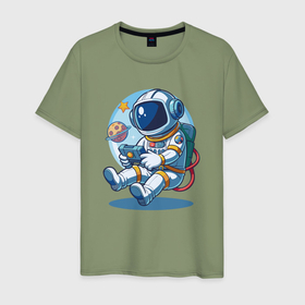 Мужская футболка хлопок с принтом Космонавт  играет на приставке в Тюмени, 100% хлопок | прямой крой, круглый вырез горловины, длина до линии бедер, слегка спущенное плечо. | 