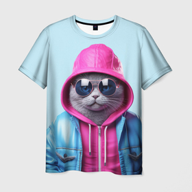 Мужская футболка 3D с принтом Кот в капюшоне и очках в Белгороде, 100% полиэфир | прямой крой, круглый вырез горловины, длина до линии бедер | 