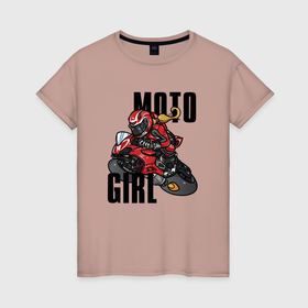 Женская футболка хлопок с принтом Девушка на мотоцикле в Санкт-Петербурге, 100% хлопок | прямой крой, круглый вырез горловины, длина до линии бедер, слегка спущенное плечо | 