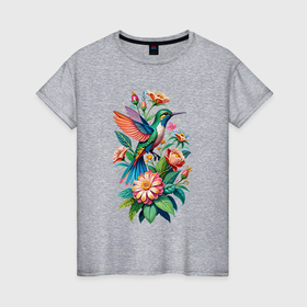 Женская футболка хлопок с принтом Колибри среди цветов в Курске, 100% хлопок | прямой крой, круглый вырез горловины, длина до линии бедер, слегка спущенное плечо | 