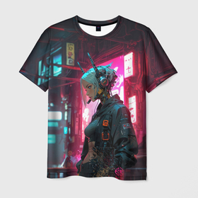 Мужская футболка 3D с принтом Девушка андроид в наушниках в Кировске, 100% полиэфир | прямой крой, круглый вырез горловины, длина до линии бедер | Тематика изображения на принте: 