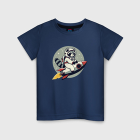 Детская футболка хлопок с принтом Забавный енот космонавт в космосе полет на луну в Кировске, 100% хлопок | круглый вырез горловины, полуприлегающий силуэт, длина до линии бедер | 