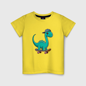 Детская футболка хлопок с принтом Забавный милый динозавр в кепке на скейтборде в Кировске, 100% хлопок | круглый вырез горловины, полуприлегающий силуэт, длина до линии бедер | 
