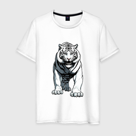 Мужская футболка хлопок с принтом Белый тигр пришёл в Курске, 100% хлопок | прямой крой, круглый вырез горловины, длина до линии бедер, слегка спущенное плечо. | 