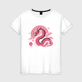 Женская футболка хлопок с принтом Розовый дракон в японском ретро стиле в Новосибирске, 100% хлопок | прямой крой, круглый вырез горловины, длина до линии бедер, слегка спущенное плечо | 