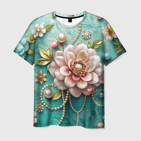 Мужская футболка 3D с принтом Объемные цветы и жемчуг в Екатеринбурге, 100% полиэфир | прямой крой, круглый вырез горловины, длина до линии бедер | 