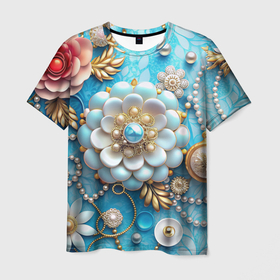 Мужская футболка 3D с принтом Цветы и жемчуг в Екатеринбурге, 100% полиэфир | прямой крой, круглый вырез горловины, длина до линии бедер | 