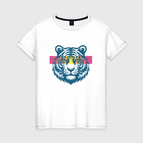 Женская футболка хлопок с принтом Тигр стильное минималистичное ретро в Тюмени, 100% хлопок | прямой крой, круглый вырез горловины, длина до линии бедер, слегка спущенное плечо | 