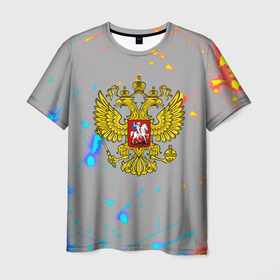 Мужская футболка 3D с принтом Герб рф огонь краски в Белгороде, 100% полиэфир | прямой крой, круглый вырез горловины, длина до линии бедер | 