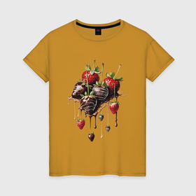 Женская футболка хлопок с принтом Клубника в шоколаде в Кировске, 100% хлопок | прямой крой, круглый вырез горловины, длина до линии бедер, слегка спущенное плечо | 