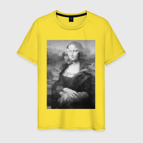 Мужская футболка хлопок с принтом Черная белая Мона Лиза с глюками в Курске, 100% хлопок | прямой крой, круглый вырез горловины, длина до линии бедер, слегка спущенное плечо. | 