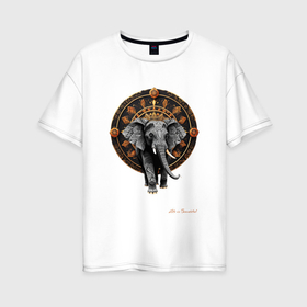 Женская футболка хлопок Oversize с принтом Слон с узорами на фоне колеса сансары в Тюмени, 100% хлопок | свободный крой, круглый ворот, спущенный рукав, длина до линии бедер
 | Тематика изображения на принте: 