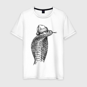 Мужская футболка хлопок с принтом Кобра новогодняя в Курске, 100% хлопок | прямой крой, круглый вырез горловины, длина до линии бедер, слегка спущенное плечо. | 