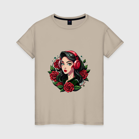 Женская футболка хлопок с принтом Темно волосая девушка в наушниках среди роз в Санкт-Петербурге, 100% хлопок | прямой крой, круглый вырез горловины, длина до линии бедер, слегка спущенное плечо | 