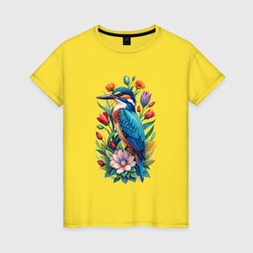 Женская футболка хлопок с принтом Птица зимородок среди цветов в Петрозаводске, 100% хлопок | прямой крой, круглый вырез горловины, длина до линии бедер, слегка спущенное плечо | 