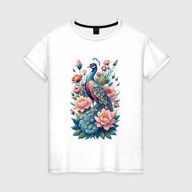 Женская футболка хлопок с принтом Павлин среди цветов в Петрозаводске, 100% хлопок | прямой крой, круглый вырез горловины, длина до линии бедер, слегка спущенное плечо | 