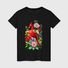 Женская футболка хлопок с принтом Птица красный кардинал среди цветов в Курске, 100% хлопок | прямой крой, круглый вырез горловины, длина до линии бедер, слегка спущенное плечо | 
