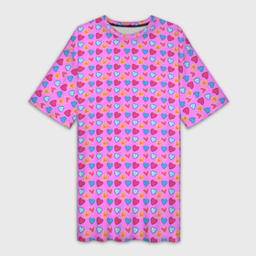 Платье-футболка 3D с принтом Розовый паттерн с разноцветными сердечками в Тюмени,  |  | 