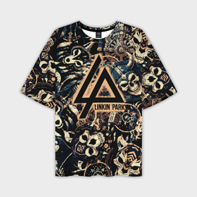 Мужская футболка oversize 3D с принтом Linkin park на фоне рун масок черепов и молота тора в Кировске,  |  | Тематика изображения на принте: 