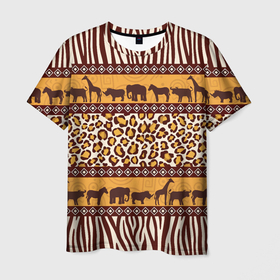 Мужская футболка 3D с принтом Африканские животные   узор в Тюмени, 100% полиэфир | прямой крой, круглый вырез горловины, длина до линии бедер | 