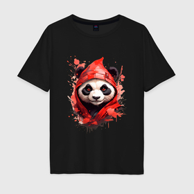 Мужская футболка хлопок Oversize с принтом Модная панда в красном капюшоне в Белгороде, 100% хлопок | свободный крой, круглый ворот, “спинка” длиннее передней части | Тематика изображения на принте: 
