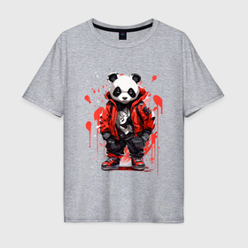 Мужская футболка хлопок Oversize с принтом Модная панда в красной куртке в Белгороде, 100% хлопок | свободный крой, круглый ворот, “спинка” длиннее передней части | Тематика изображения на принте: 