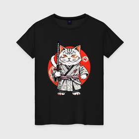 Женская футболка хлопок с принтом Ниндзя кот с саблей красное солнце в Санкт-Петербурге, 100% хлопок | прямой крой, круглый вырез горловины, длина до линии бедер, слегка спущенное плечо | 