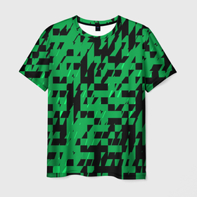 Мужская футболка 3D с принтом Чёрно зелёный абстрактный квадратиками в Новосибирске, 100% полиэфир | прямой крой, круглый вырез горловины, длина до линии бедер | Тематика изображения на принте: 