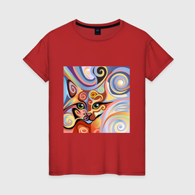 Женская футболка хлопок с принтом Bright abstract cat в Новосибирске, 100% хлопок | прямой крой, круглый вырез горловины, длина до линии бедер, слегка спущенное плечо | 